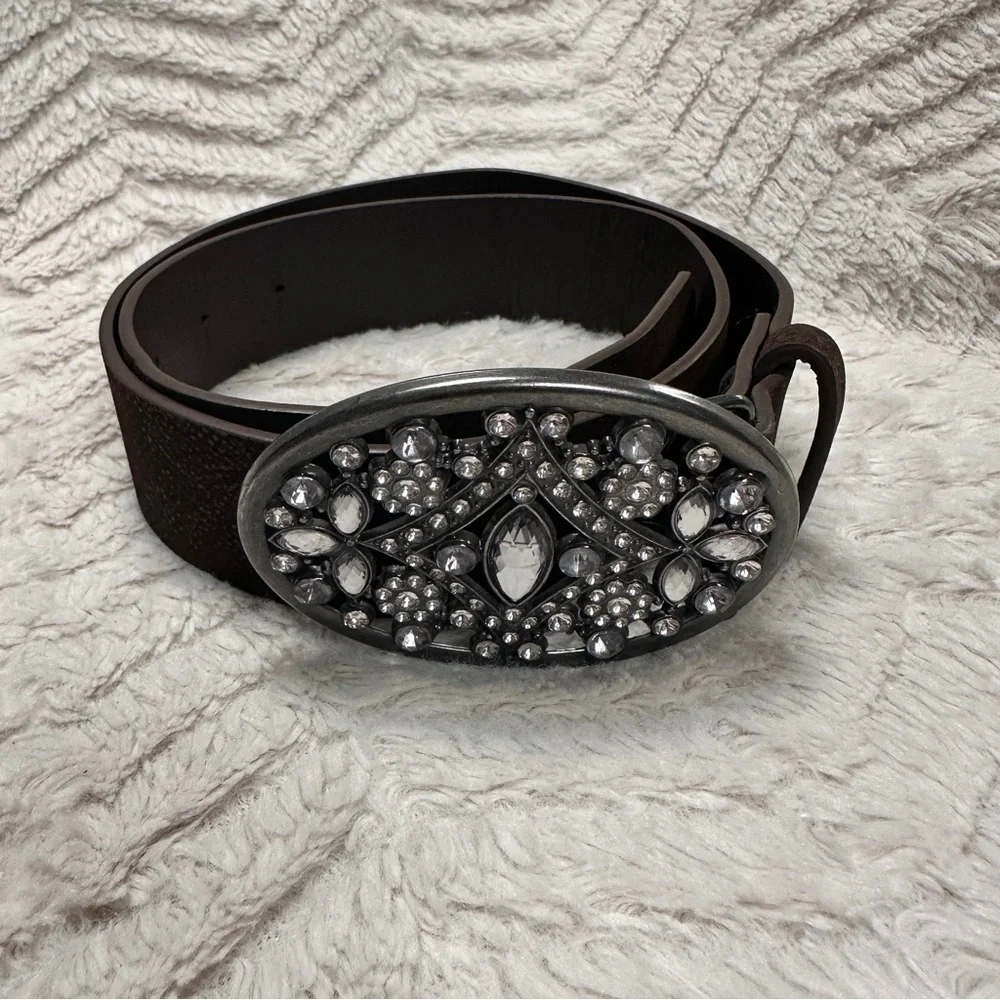 Brown vegan leather western Concho rhinestone oval buckle festival boho belt